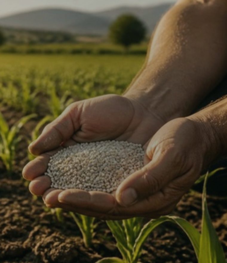 Mani con concime granulare sopra un campo coltivato