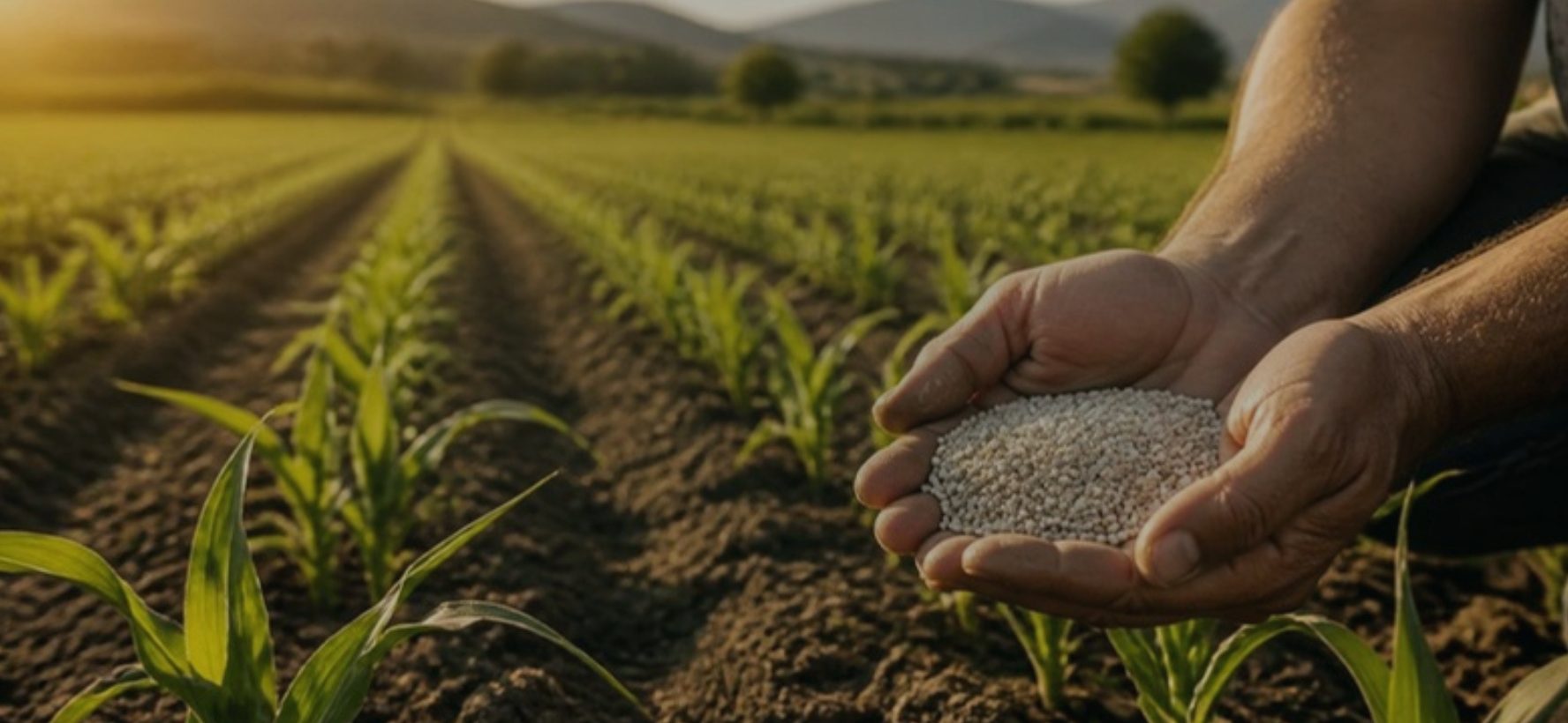 Mani con concime granulare sopra un campo coltivato