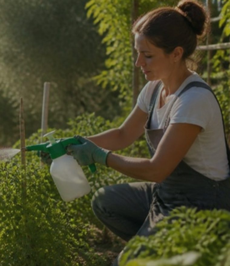 Trattamento delle piante dell'orto con spruzzino
