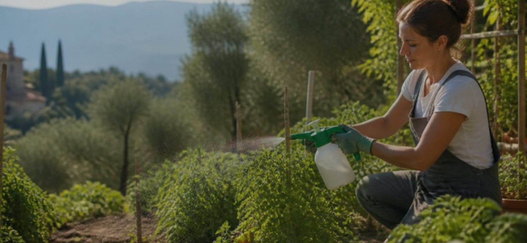 Trattamento delle piante dell'orto con spruzzino