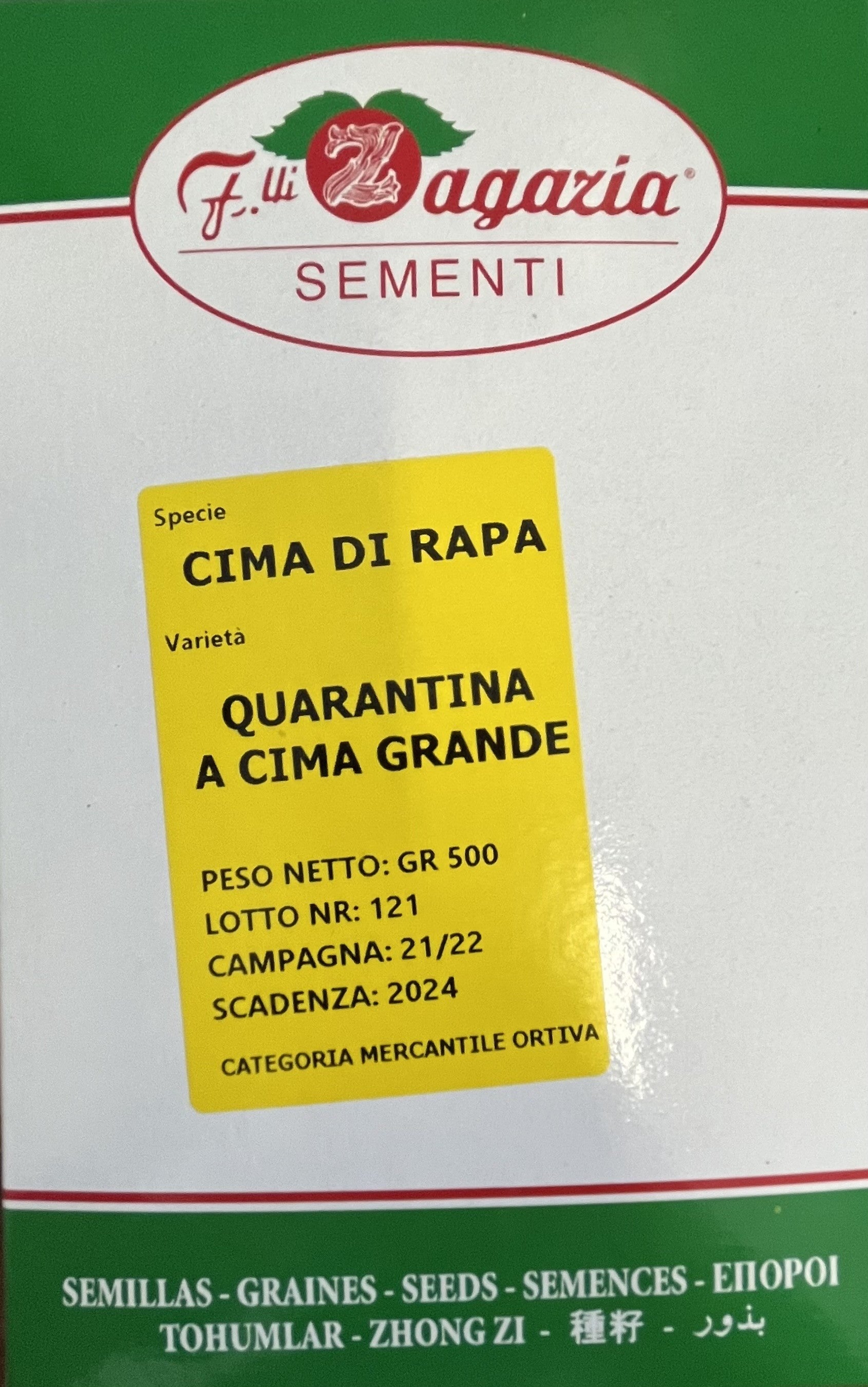 Semi - Sementi - Cima - di - Rapa - Quarantina - Cima - Grande - Mercantile - Ortiva - 500 Gr.